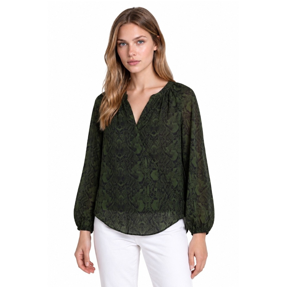 INC International Concepts Green Snakeskin Blouse Women's Size Medium Faux Wrap
